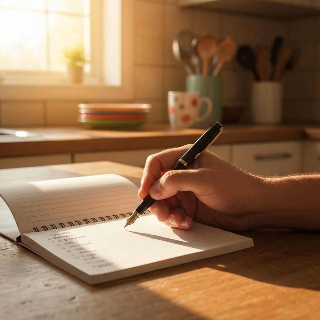 Hand writing on paper shopping list on kitchen table